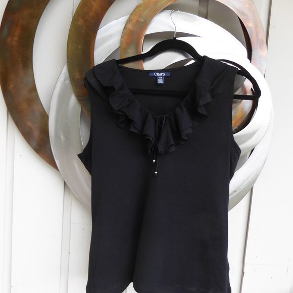 Ralph Lauren Petite Ruffled  V-neck Black T Shirt - Picture 2 of 3